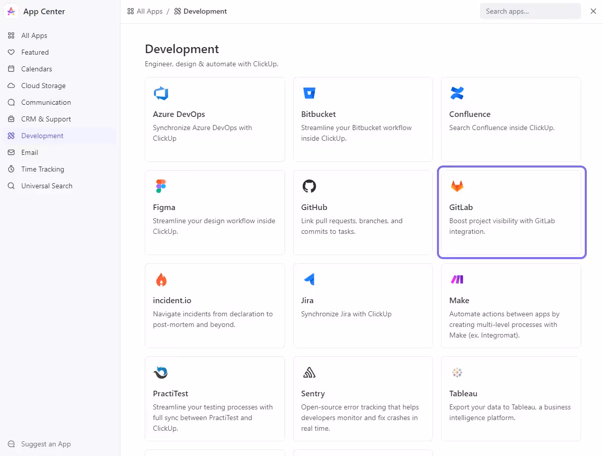 GitLab integration in ClickUp's App Center GitLab integration in ClickUp's App Center