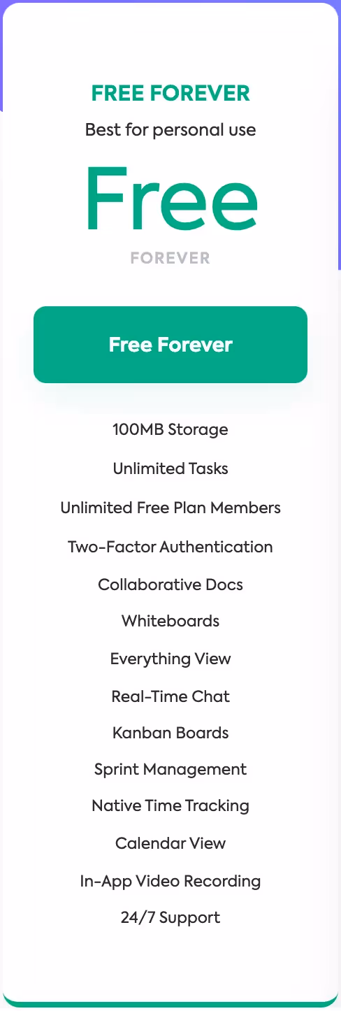 Le forfait Free Forever de ClickUp