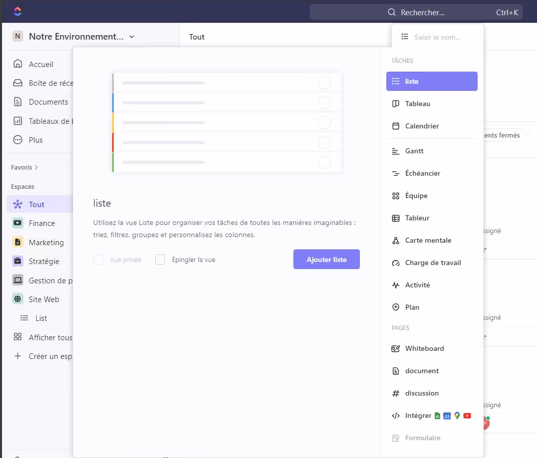 Les vues sur ClickUp comme les listes, tableaux, et Gantt