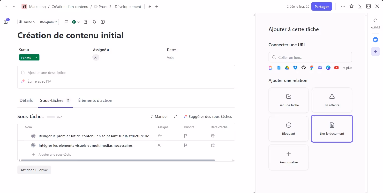 Liaison d'un Document et d'une tâche ClickUp