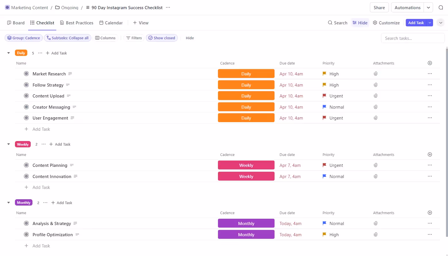 ClickUp List view with tasks sorted by candence and priority ClickUp List view with tasks sorted by candence and priority