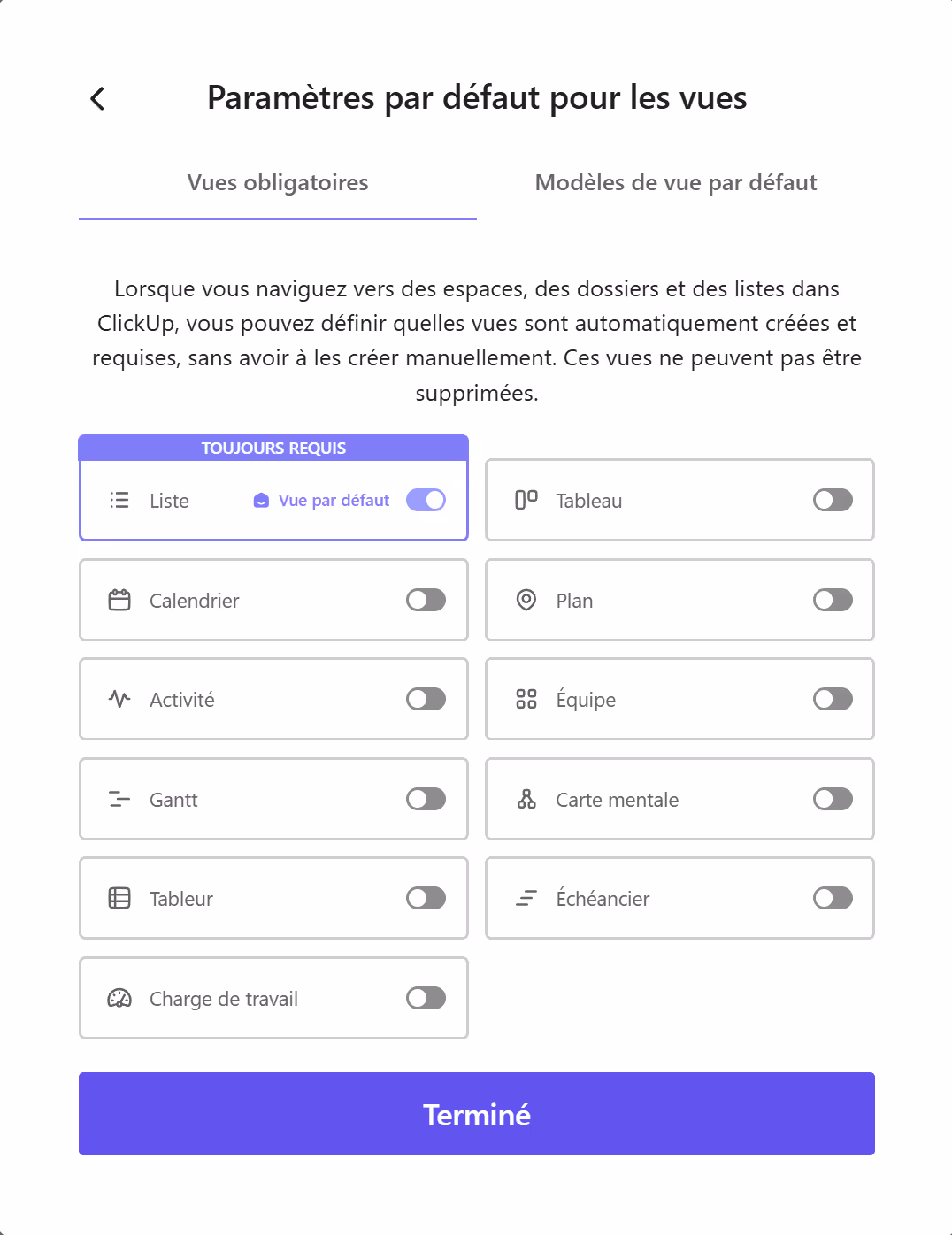 Paramètres par défaut des vues