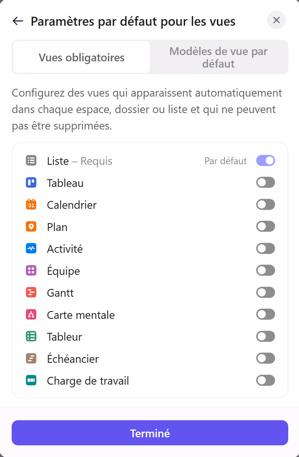 Paramètres par défaut pour les vues