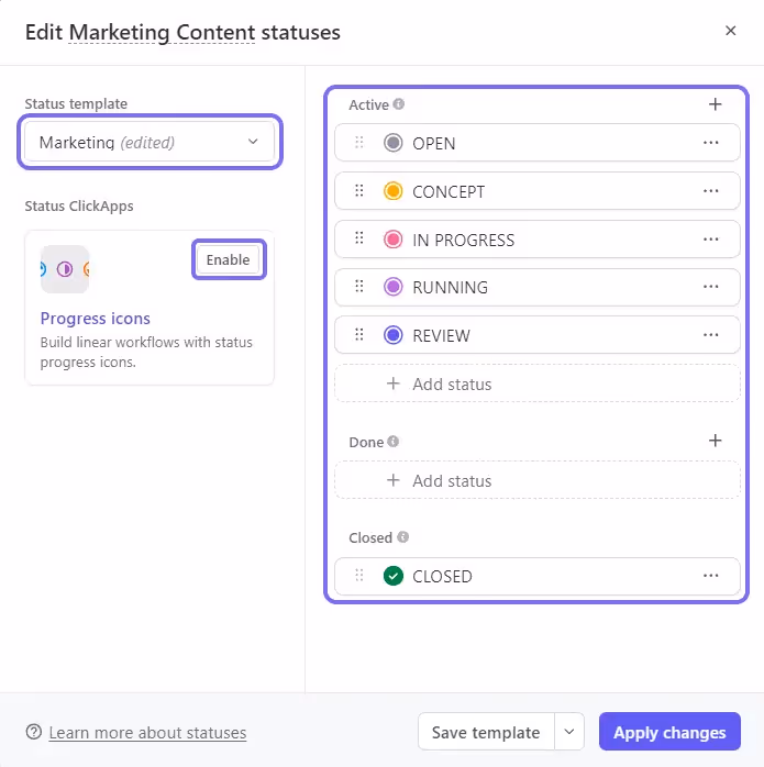 Setting up status workflow and turning on the Progress icons ClickApp