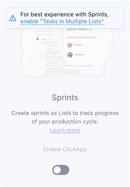 Enable Tasks in Multiple Lists in Sprints ClickApp