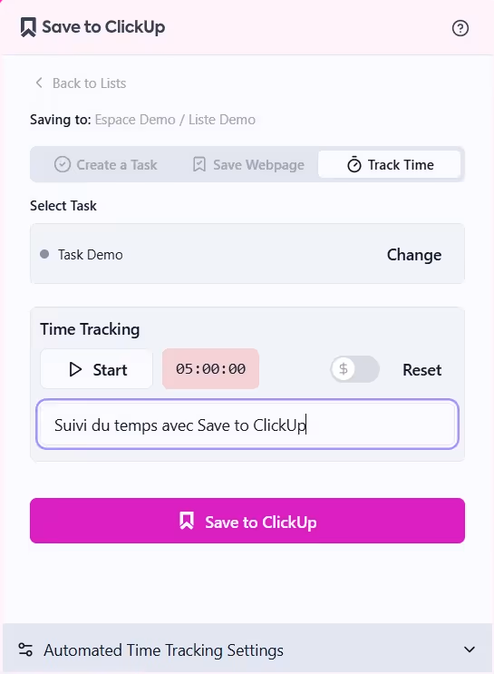 Suivi du temps avec Save to ClickUp