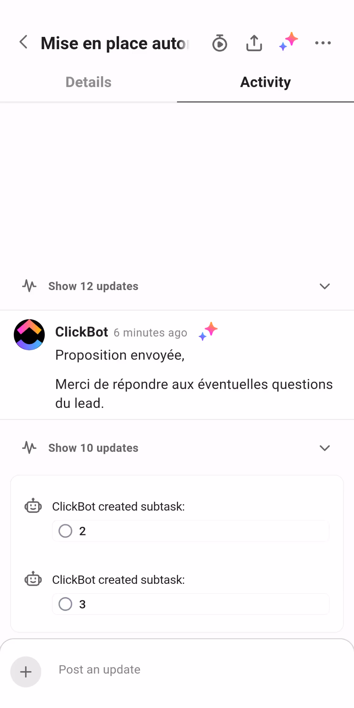 Suivi sur l'application mobile de ClickUp