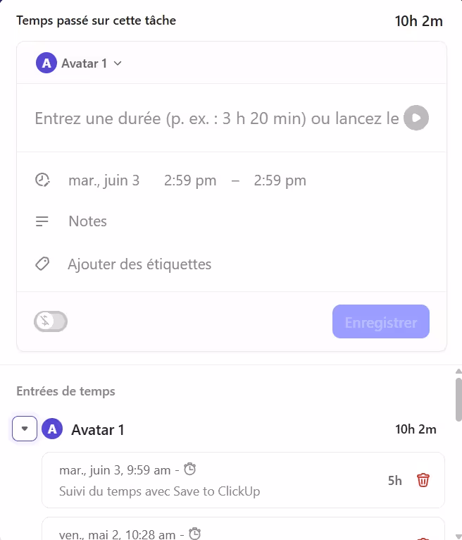 Temps suivi sur ClickUp