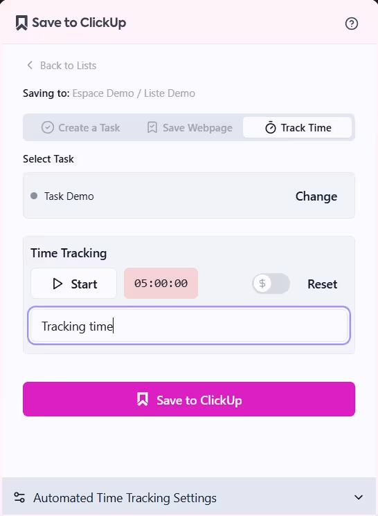 Tracking time with Save to ClickUp