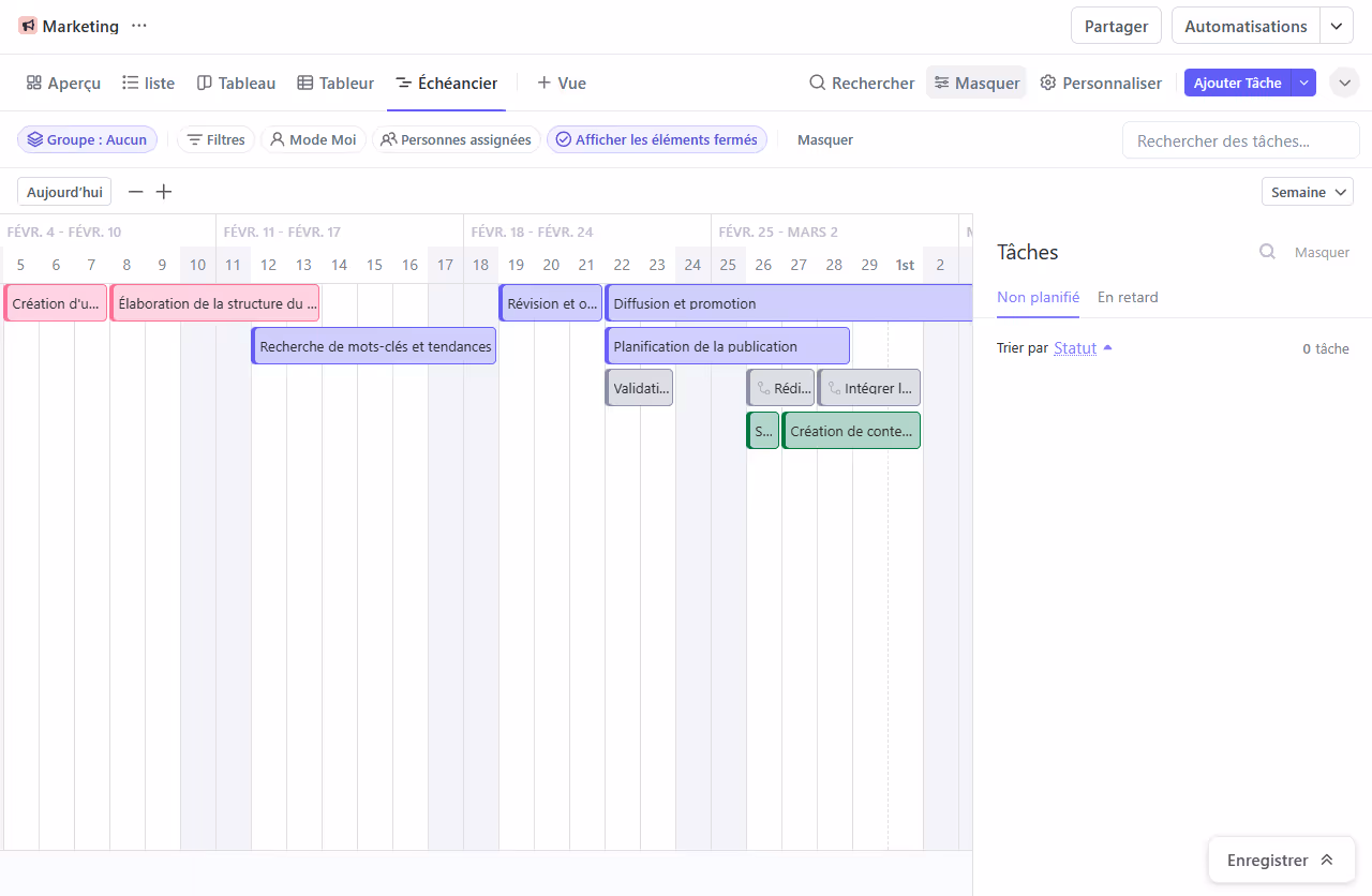 Vue Echéancier dans ClickUp