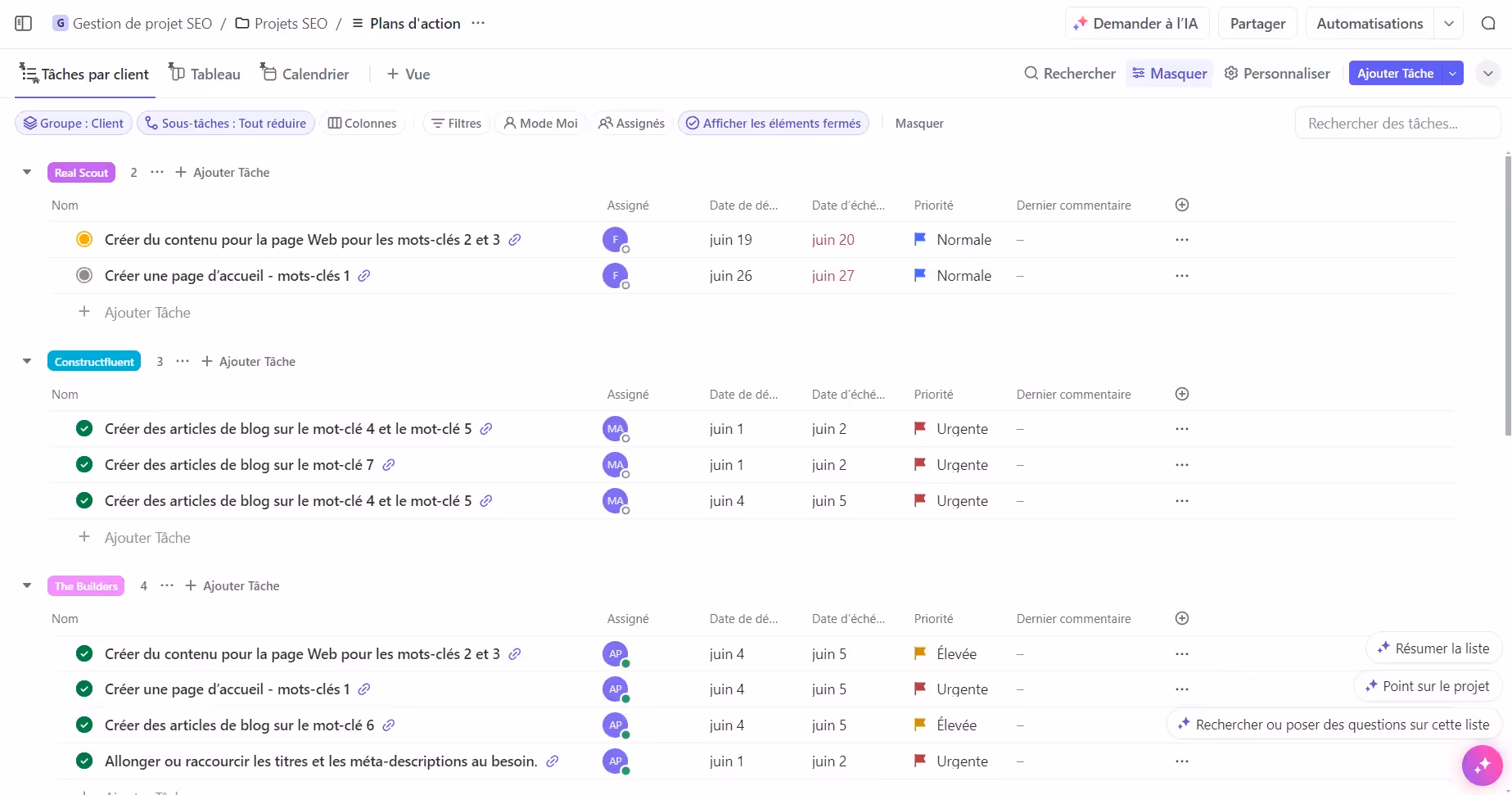 Vue Liste regroupée par Client