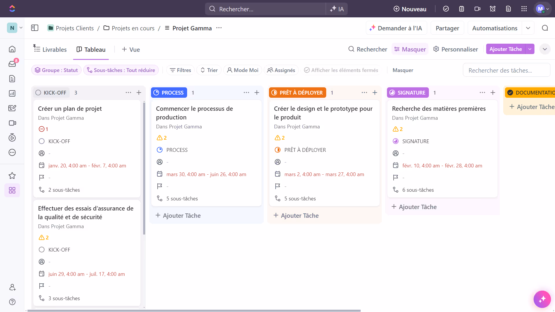 Vue Tableau (Kanban) dans ClickUp