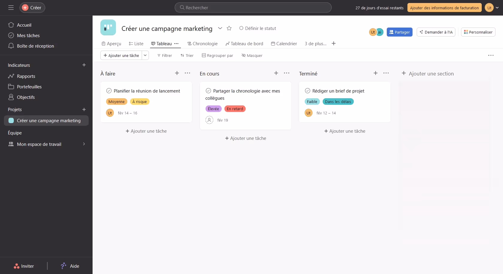 Vue tableau des tâches sur Asana