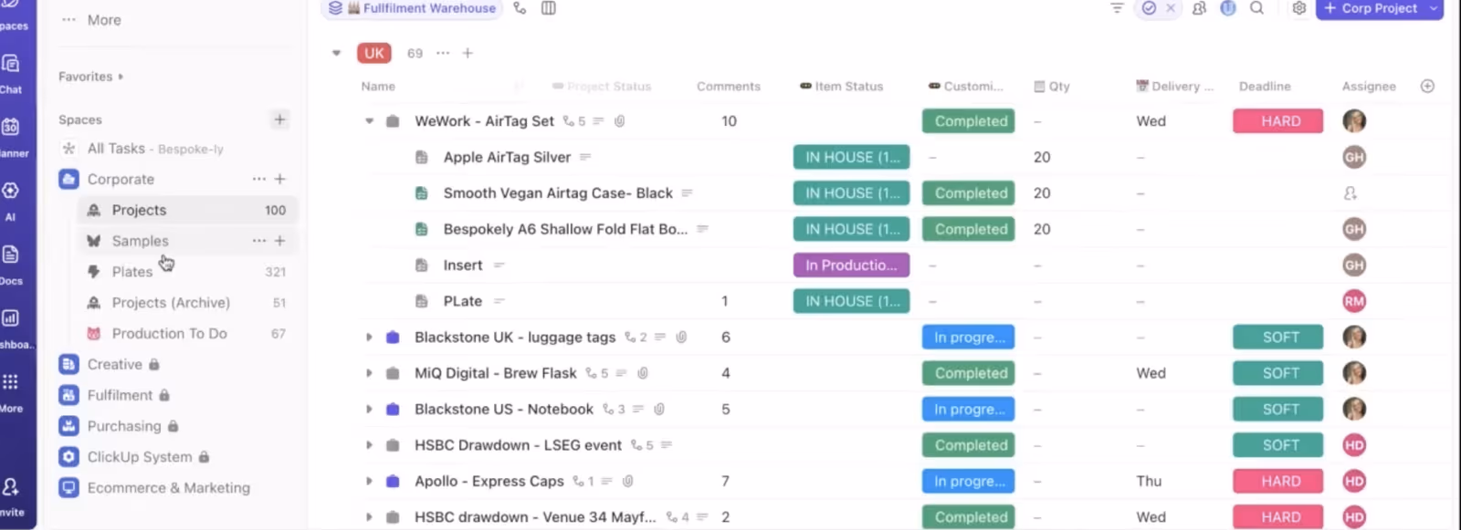 Bespokely's projects organized in ClickUp after the migration from Monday