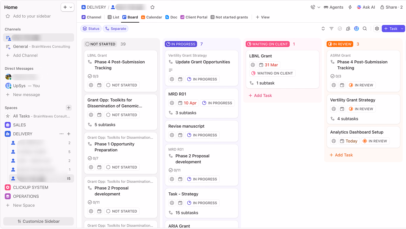 BrainWaves ClickUp delivery board with grants organized by status