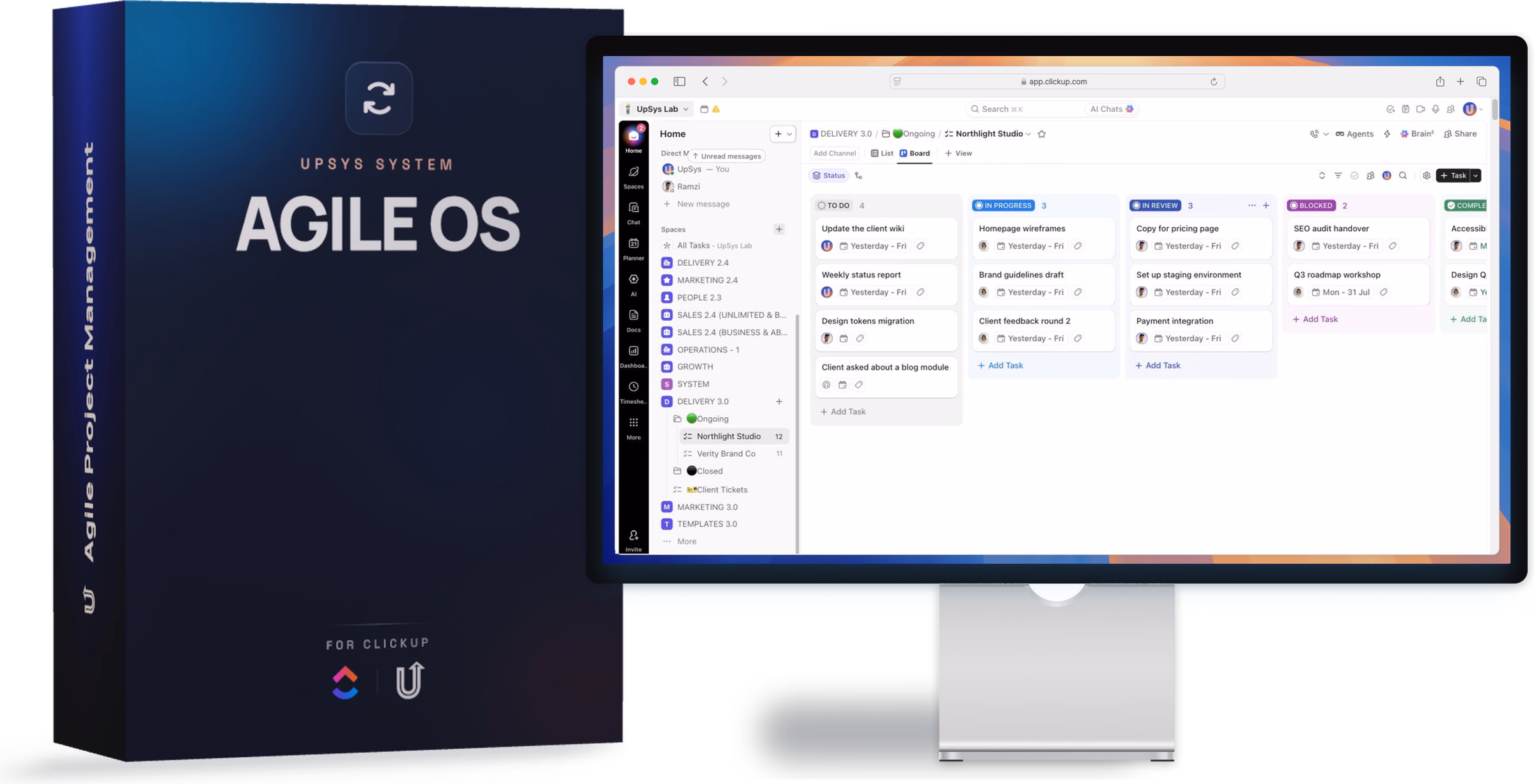 Agile OS product box beside the system open in ClickUp