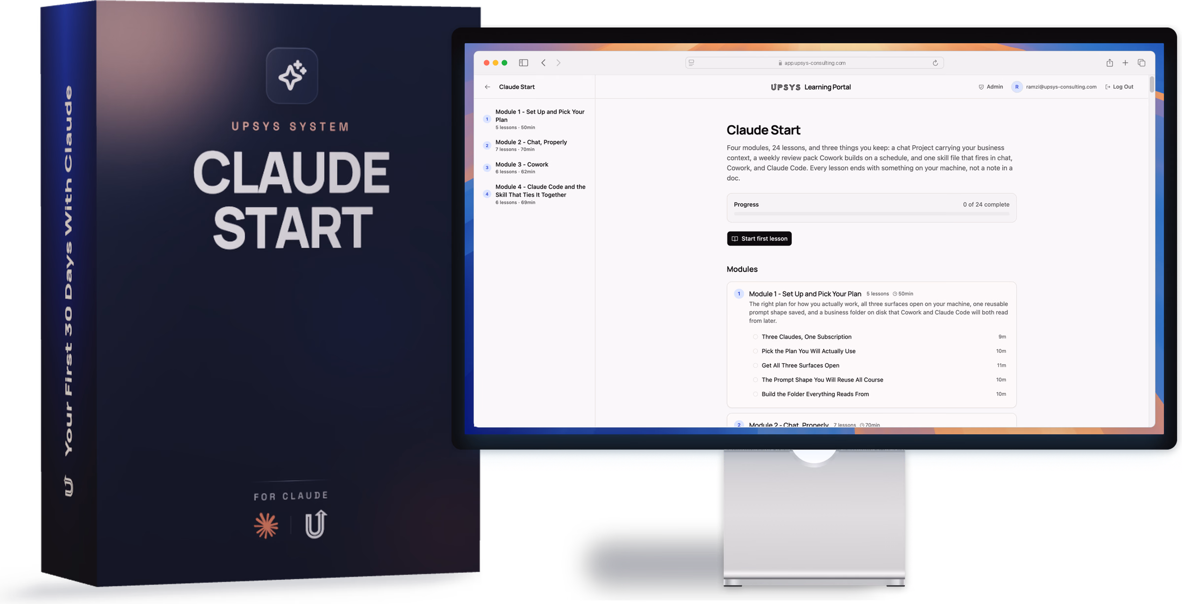 Claude Start product box beside the system open in the UpSys learning portal