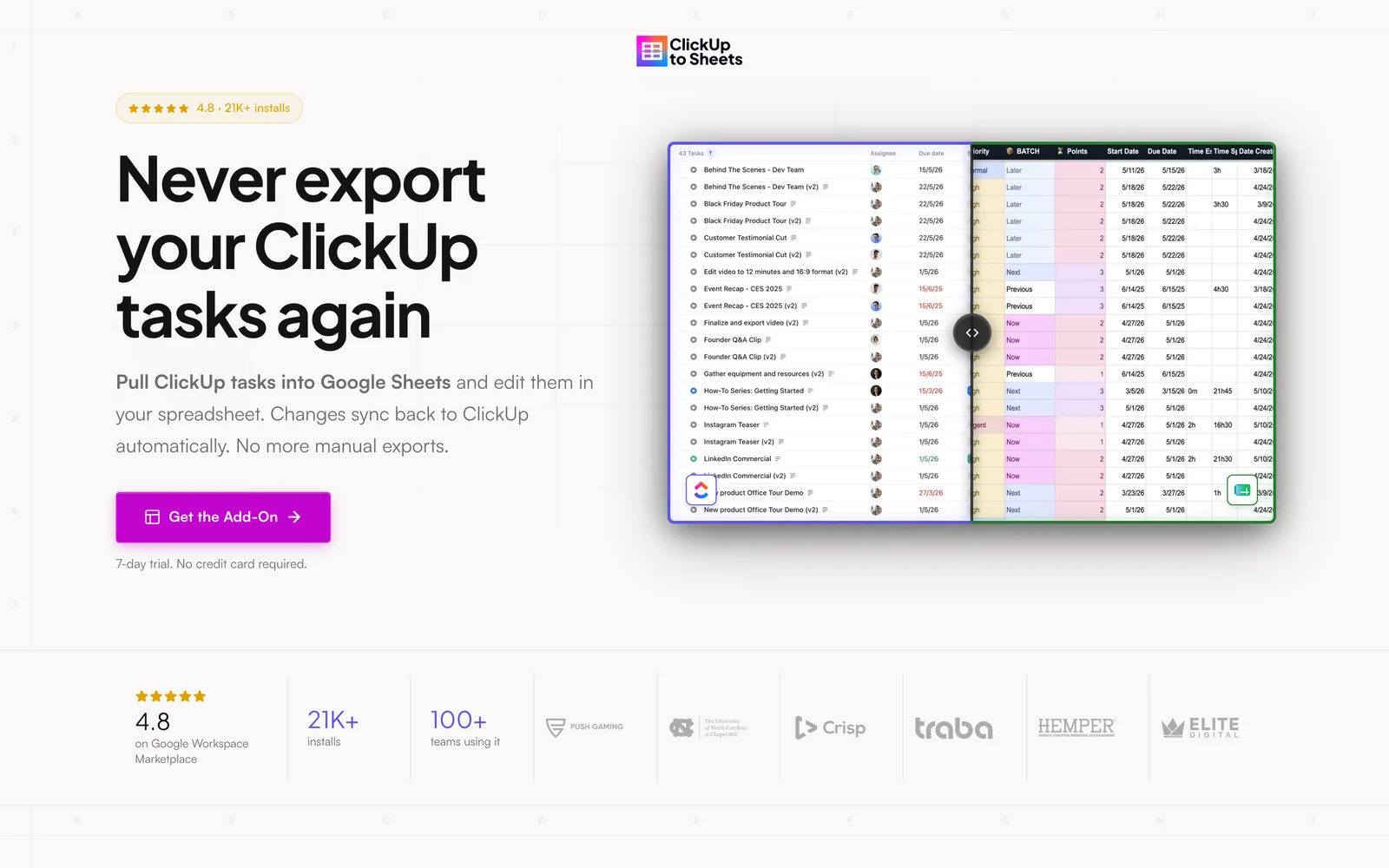 La page d'accueil de ClickUp to Sheets, titrée “Never export your ClickUp tasks again”, à côté d'une liste de tâches ClickUp synchronisée dans une feuille Google Sheets.