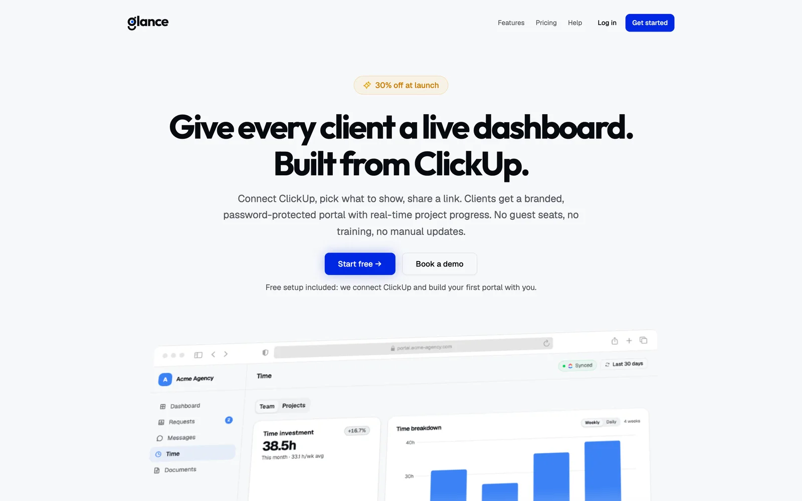 La page d'accueil de Client Glance, titrée “Give every client a live dashboard, built from ClickUp”, au-dessus d'un portail client affichant le temps investi et la répartition du projet.