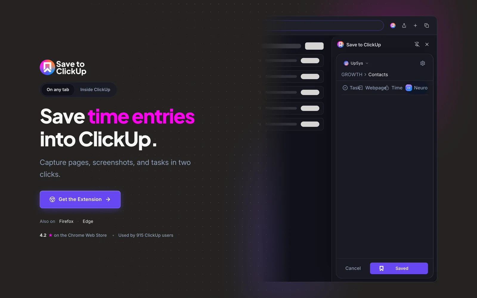 La page d'accueil de Save to ClickUp, titrée “Save time entries into ClickUp”, montrant la fenêtre de l'extension ouverte par-dessus une page web.
