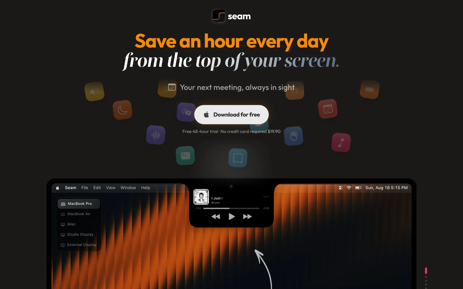 La page d'accueil de Seam, titrée “Save an hour every day from the top of your screen”, au-dessus d'un MacBook montrant l'encoche déployée.