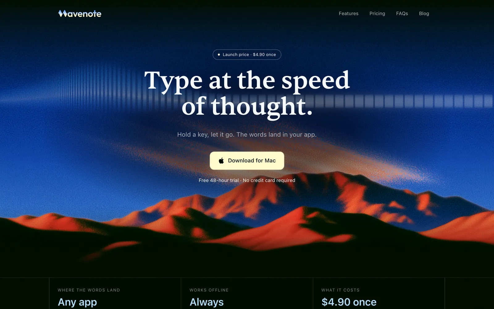 La page d'accueil de Wavenote, titrée “Type at the speed of thought”, sur une crête de montagne à l'aube.